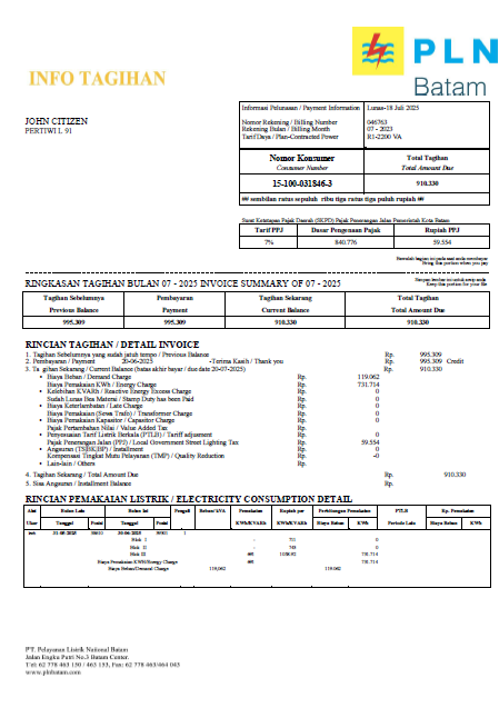 Indonesia PLN Batam utility bill template in Word and PDF formats
